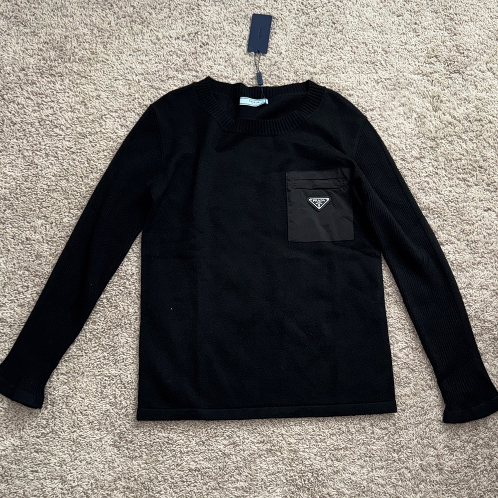 Black Long-Sleeve Knit Top with Logo Pocket